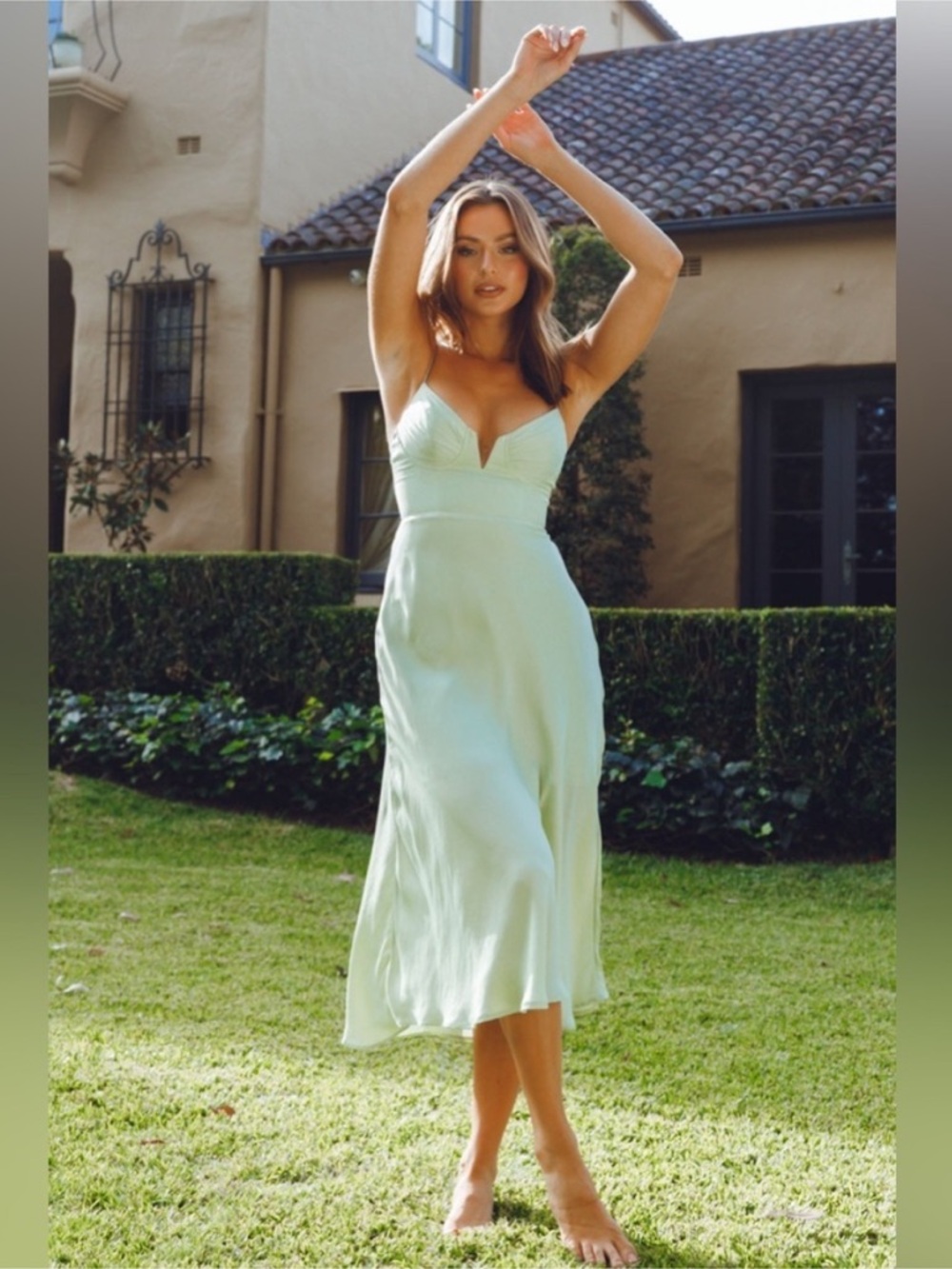 NWT Selfie Leslie Lake Como Fitted Bodice Cami Strap Midi Dress Avocado - Size M